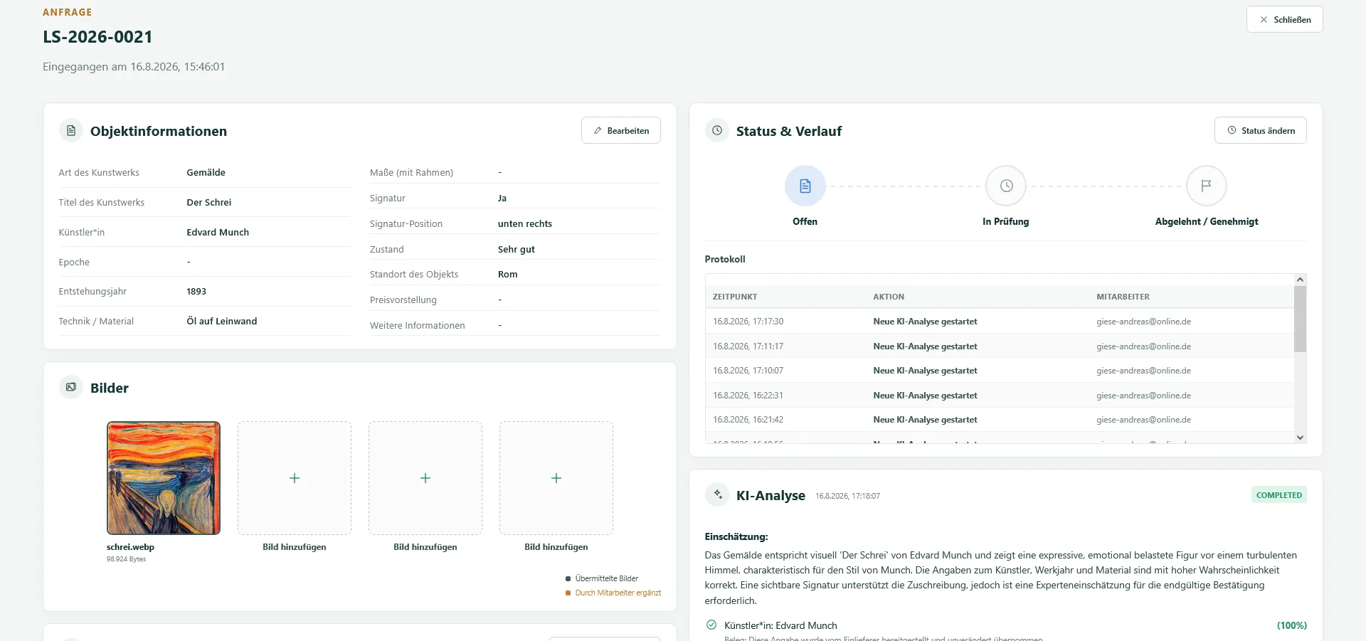 LotStage Backoffice: Objektinformationen und KI-Analyse