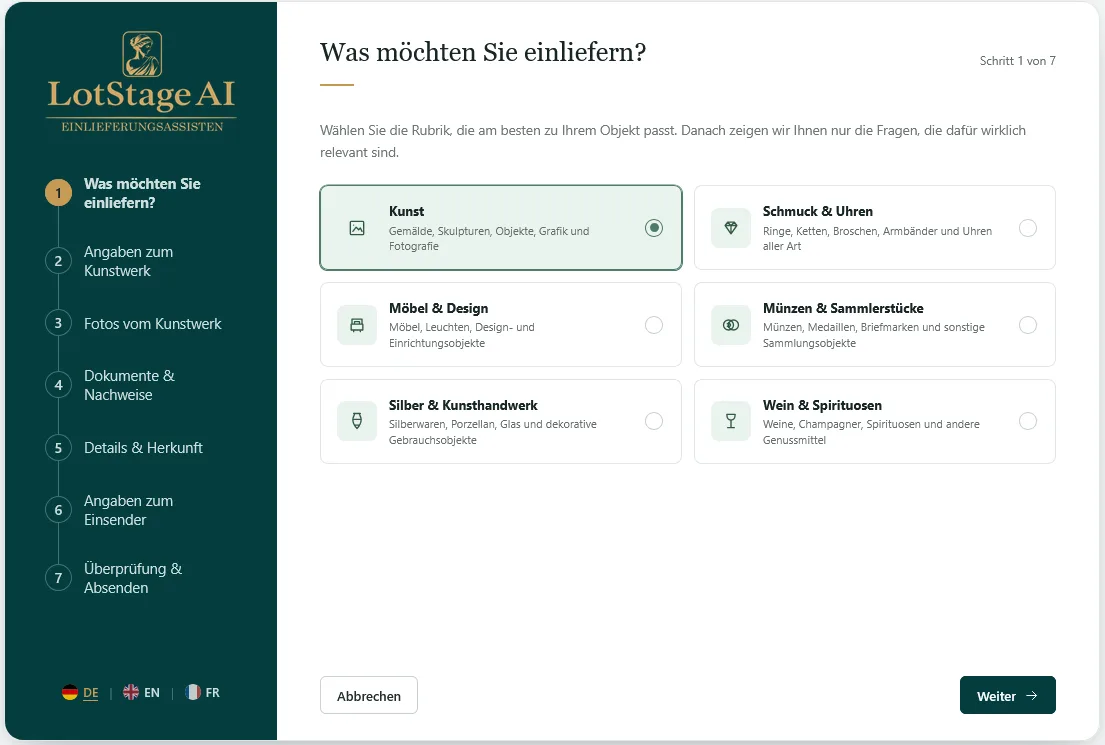 LotStage Client: Auswahl der Anfragen-Rubrik
