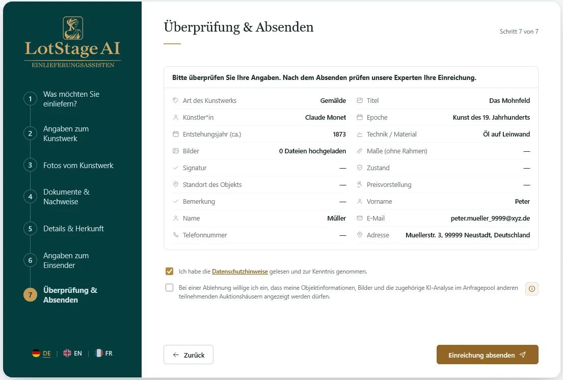 LotStage Client: Überprüfung und Absenden