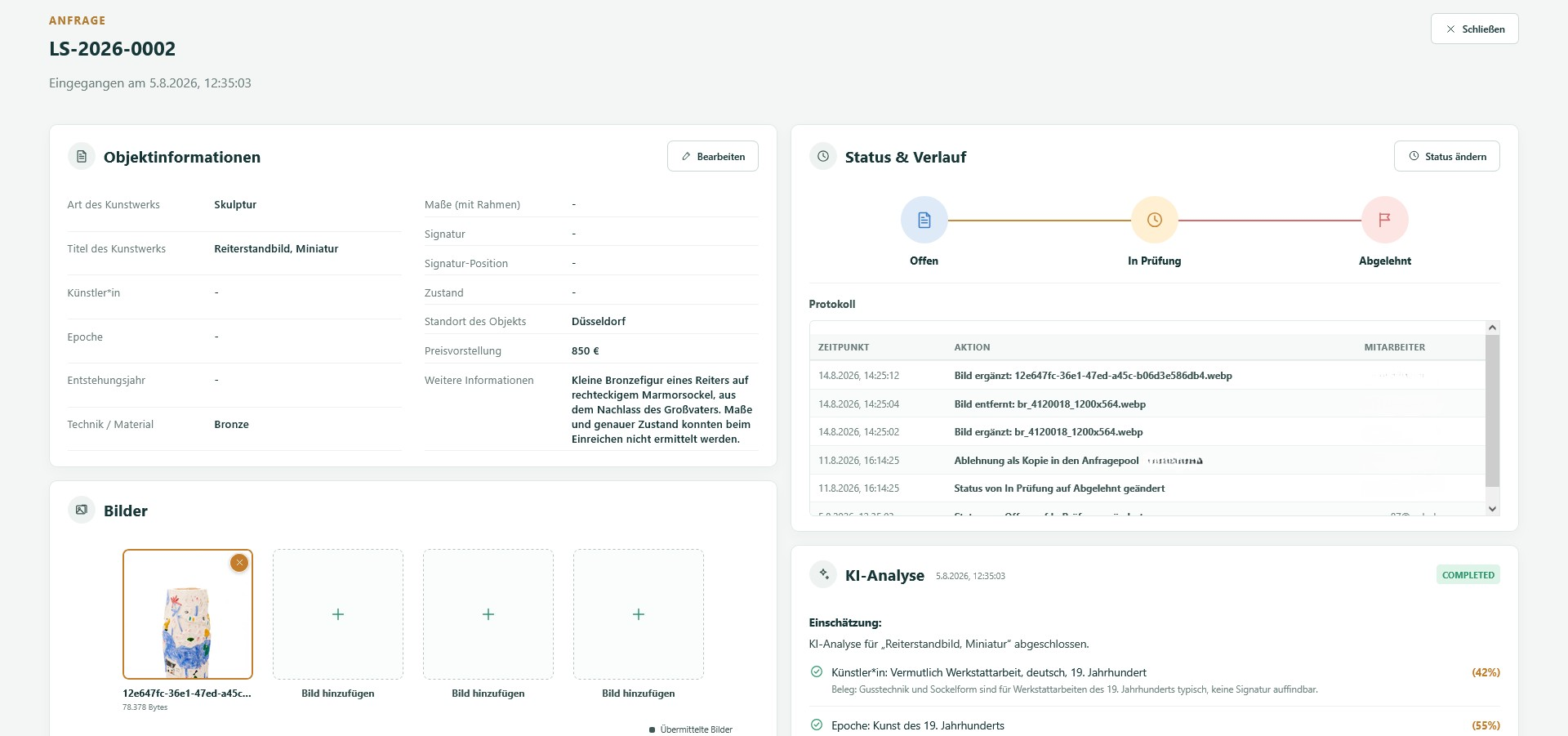 Objektinformationen und KI-Analyse im Backoffice