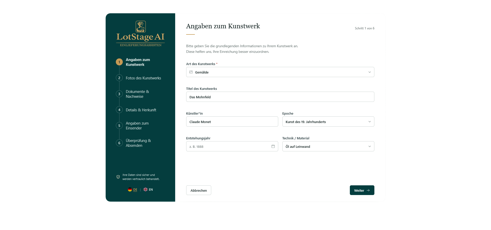 Geführte Erfassung einer Einlieferungsanfrage